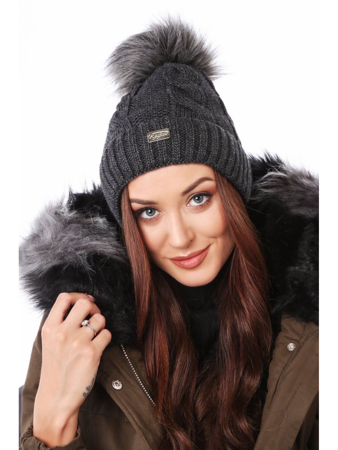 Women\'s winter braided hat, graphite C52 - Online store - Boutique